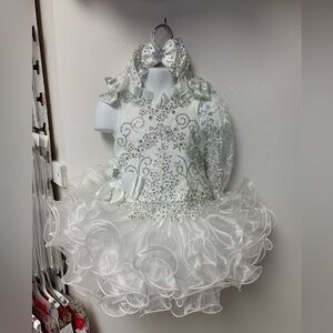 18/24 Month White 2 Pc Beaded Corset Convertible Cupcake Pageant Dress & Bow NWT